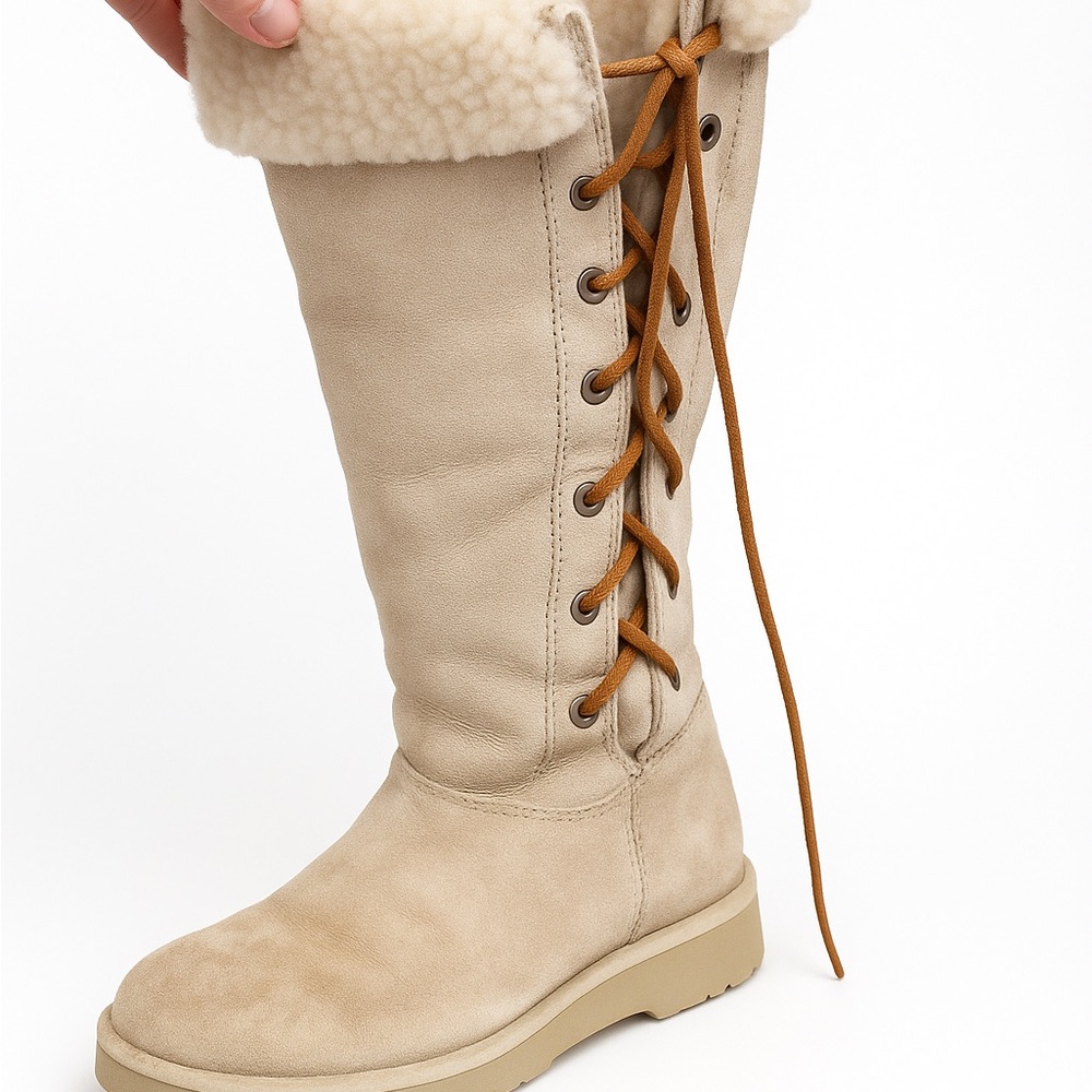 Women's Beige Lace-Up Shearling Boots